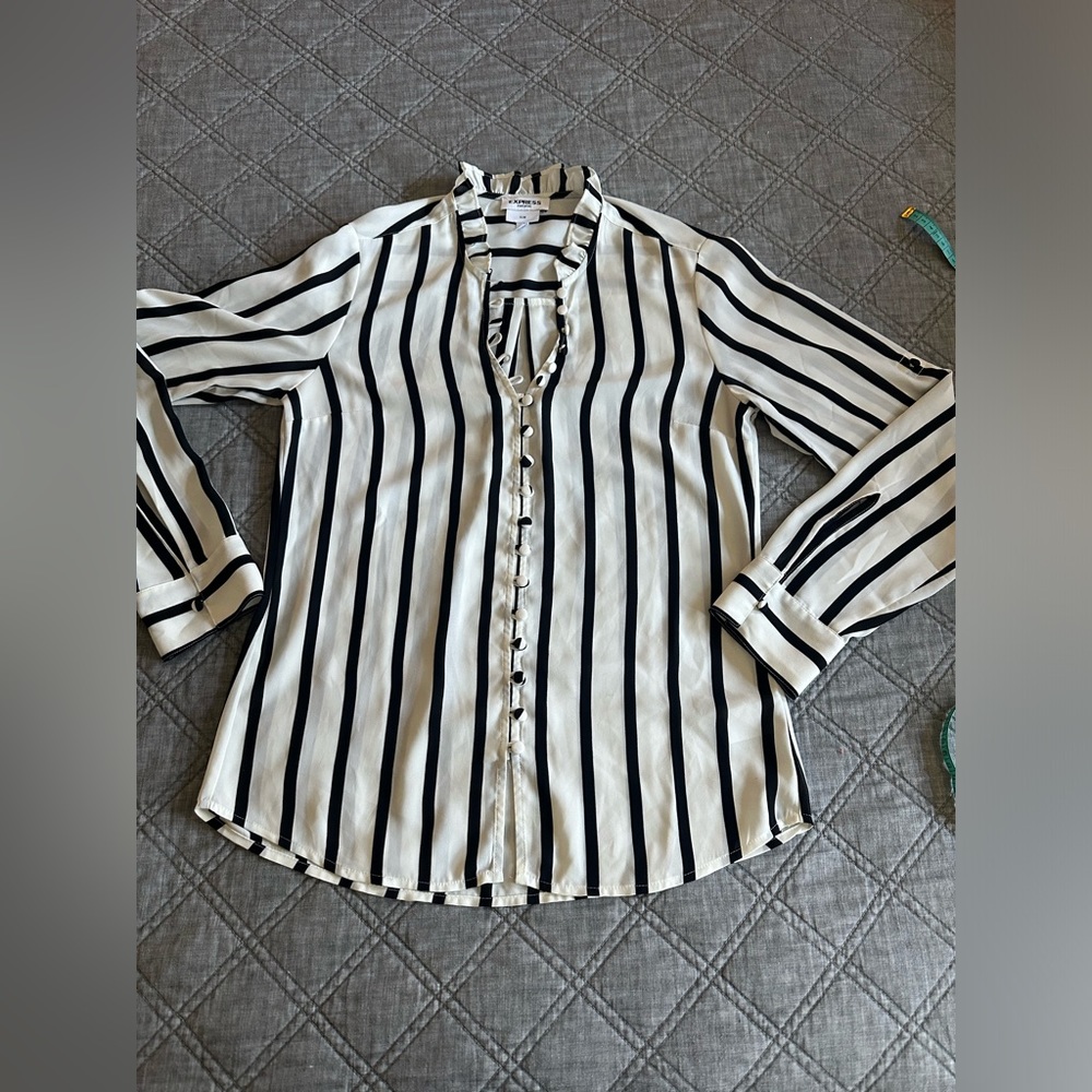 Express Slim Striped Button Down Ruffle Collar - image 4